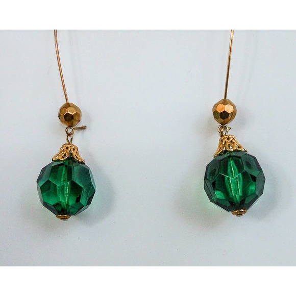 Vintage Green Glass Bead Earrings Gold Tone 3" Drop Dangle Statement Retro - Picture 5 of 8